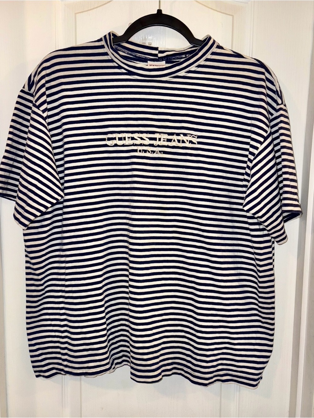Vintage 90s Guess Jeans USA Striped T-Shirt OSFA Made in USA Embroidered
